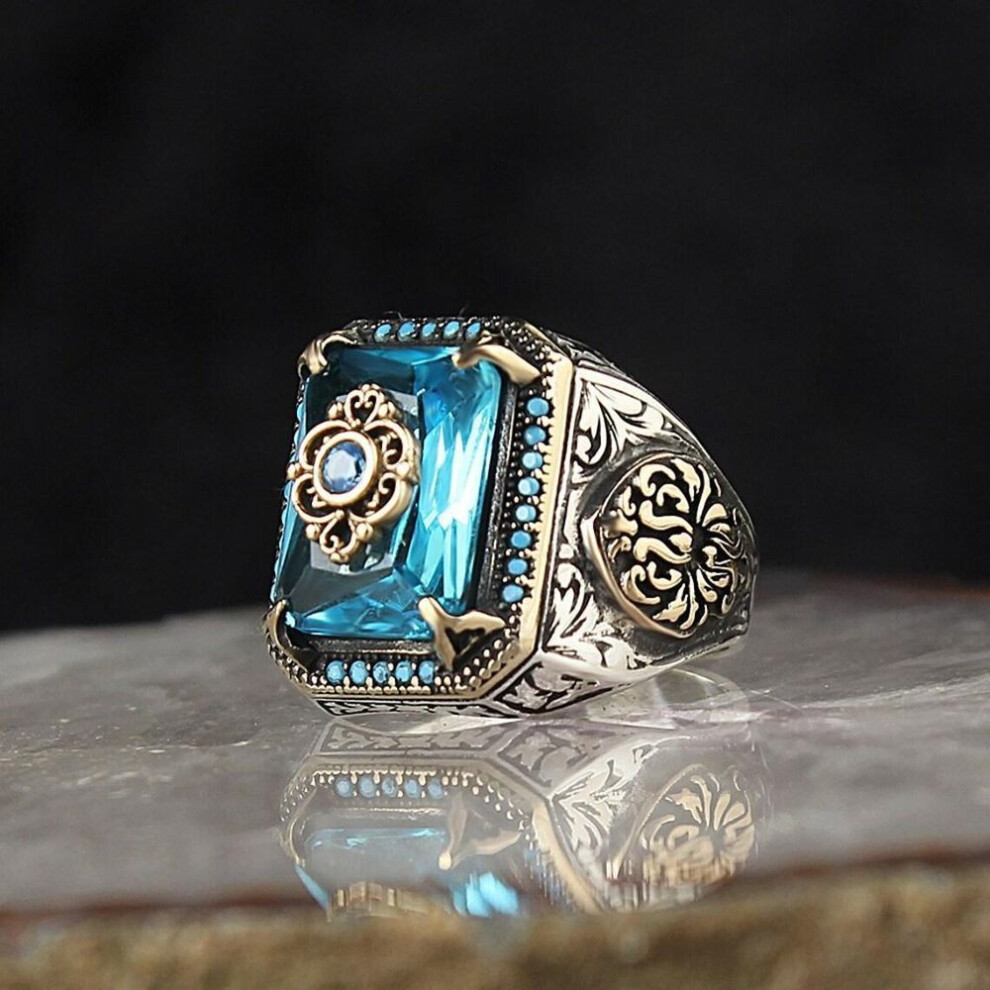 (blue, 6) Vintage Men Ring With Green Zircon Stone Made In Turkey Celtic Handmade Ring