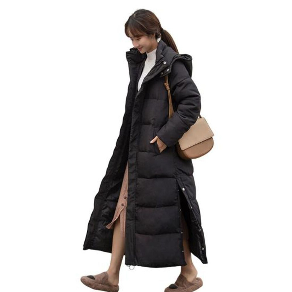 (black, XXXL) Women Cotton Coat Hooded Long Sleeve Pockets Side Slit Hem Down Jacket Solid Color Pockets Thickened Casual Outwear