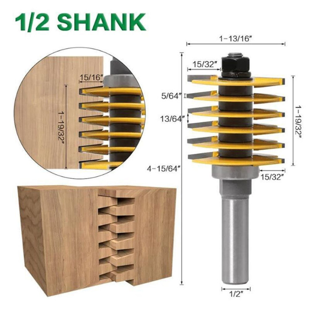 (yellow, 1/2inch shank) 1pc 8mm 12mm 1/2" Shank Brand New 2 Teeth Adjustable Finger Joint Router Bit Tenon Cutter Industrial Grade For Wood Tool