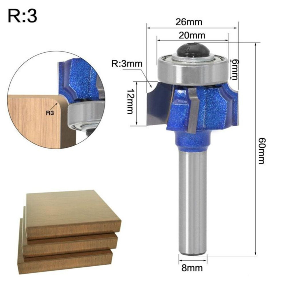 (blue, 8*R3) 1/3pc 8mm Shank Woodworking Milling Cutter R1mm R2mm R3mm Trimming Knife Edge Trimmer 4 Teeth Wood Router Bit