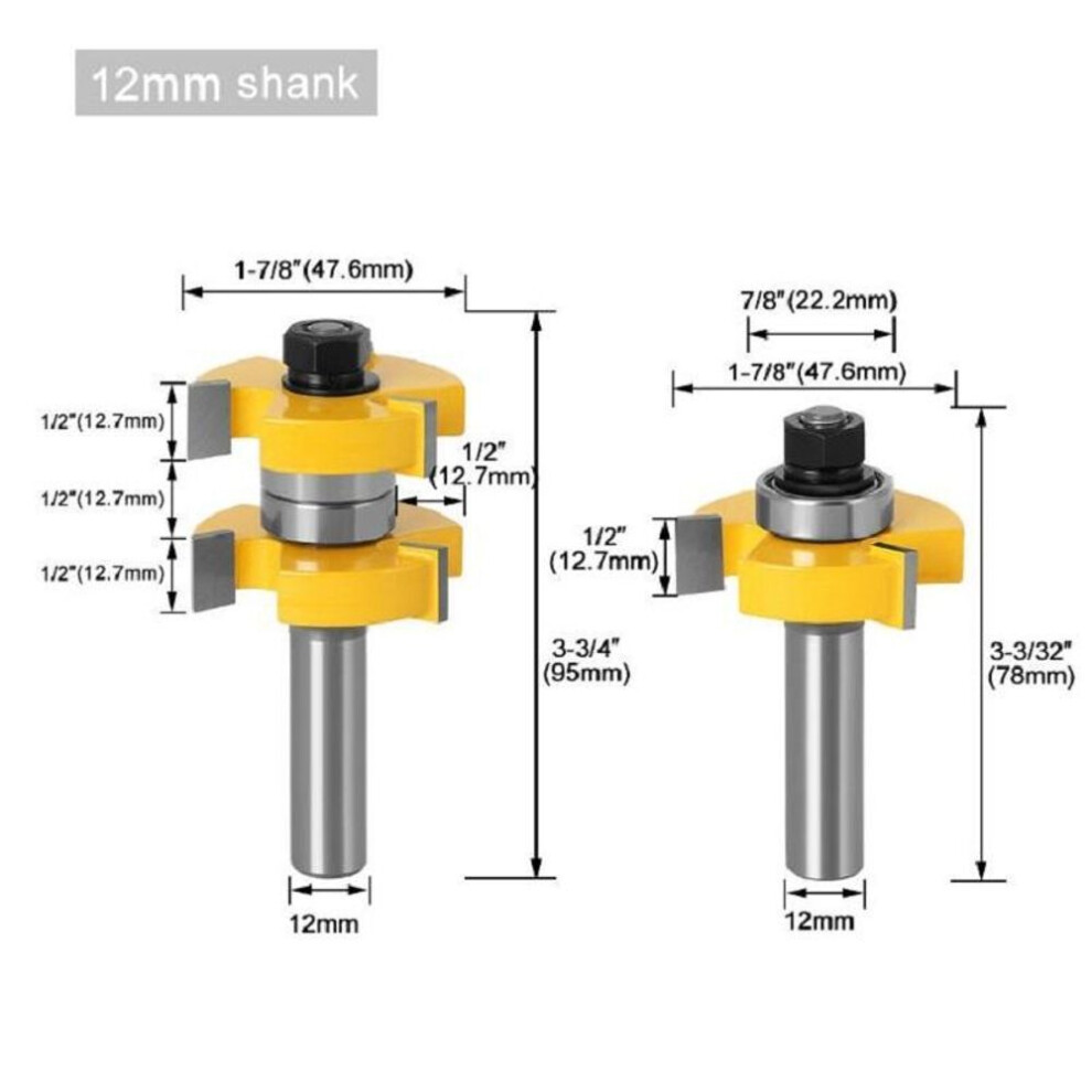 (yellow, 12mm shank) 2pcs Set 8mm 12mm 1/2inch Shank Tongue & Groove Router Bits Set Stock 1-1/2 Tenon Milling Cutter For Wood Woodworking Tools Bit