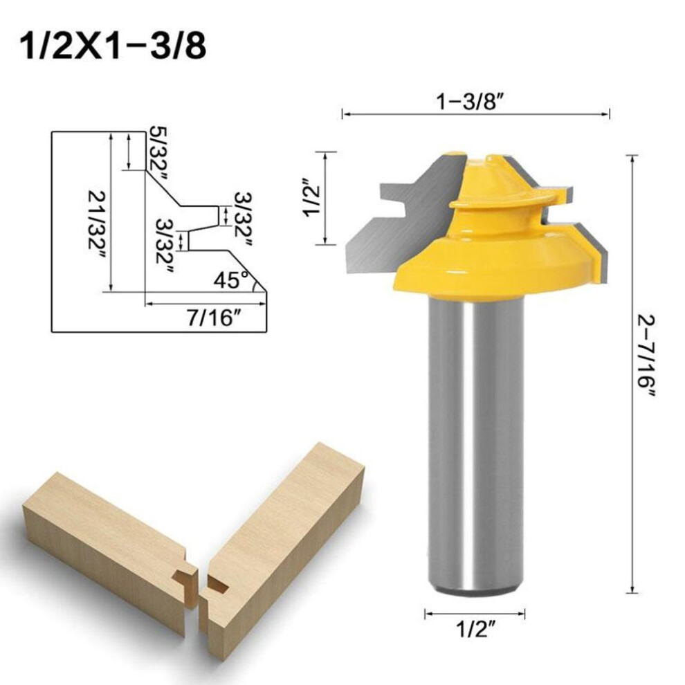 (yellow, 1/2*1-3/8) 1/3pc Lock Miter 45 Degree Glue Joint Router Bits Glue Joint Set Woodworking Cutter Tenon Cutter For Woodworking Tools 12mm 1/2inch Shank