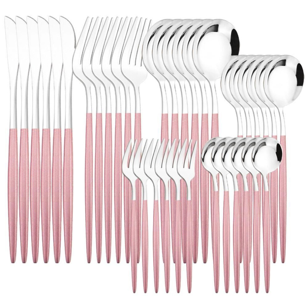 (pink,silver) 6people Gold Dinnerware Set High Quality Stainless Steel Cutlery Flatware Set Knife Cake Fork Coffee Spoon Tableware Home Kitchen Silverware