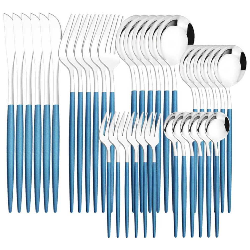 (blue,silver) 6people Gold Dinnerware Set High Quality Stainless Steel Cutlery Flatware Set Knife Cake Fork Coffee Spoon Tableware Home Kitchen Silverware