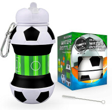(football bottle, One size) Kids Water Bottles - Collapsible, Silicone, Childrens Water BottleBPA Free, Leakproof, Cleaning Brush, Durable - 550ml