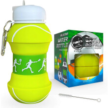 (Tennis bottle, One size) Kids Water Bottles - Collapsible, Silicone, Childrens Water BottleBPA Free, Leakproof, Cleaning Brush, Durable - 550ml
