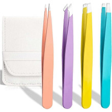 (As show, One size) Eyebrow Tweezers 4 Pack, Stainless Steel Slant Tweezer Set and Pointed Hair Removal Tweezers, Precision Tweezers for Ingrown Hair, Eyebrows Plucking