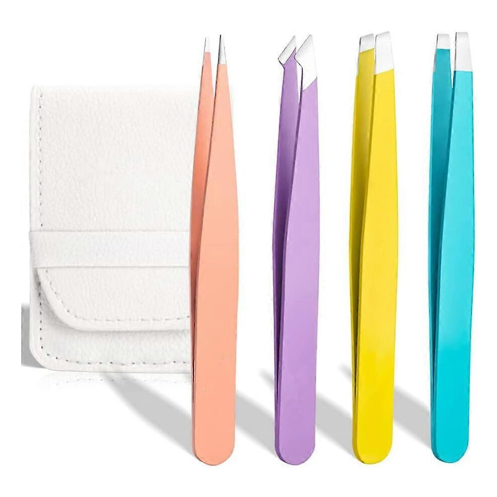 (As show, One size) Eyebrow Tweezers 4 Pack, Stainless Steel Slant Tweezer Set and Pointed Hair Removal Tweezers, Precision Tweezers for Ingrown Hair,