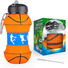 (Basketball bottle, One size) Kids Water Bottles - Collapsible, Silicone, Childrens Water BottleBPA Free, Leakproof, Cleaning Brush, Durable - 550ml