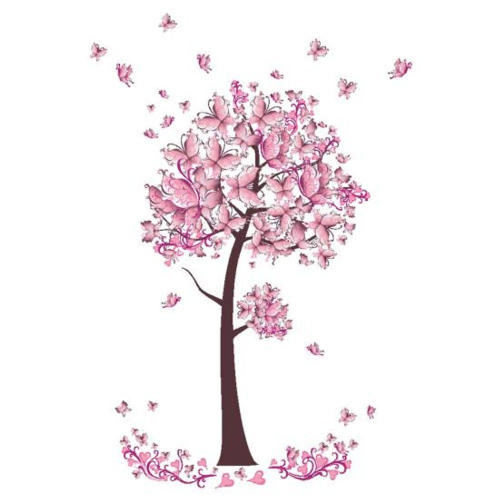 (2pcs) Pink Butterfly Flowers Tree Removable Wall Sticker Livingroom Bedroom Home Decal