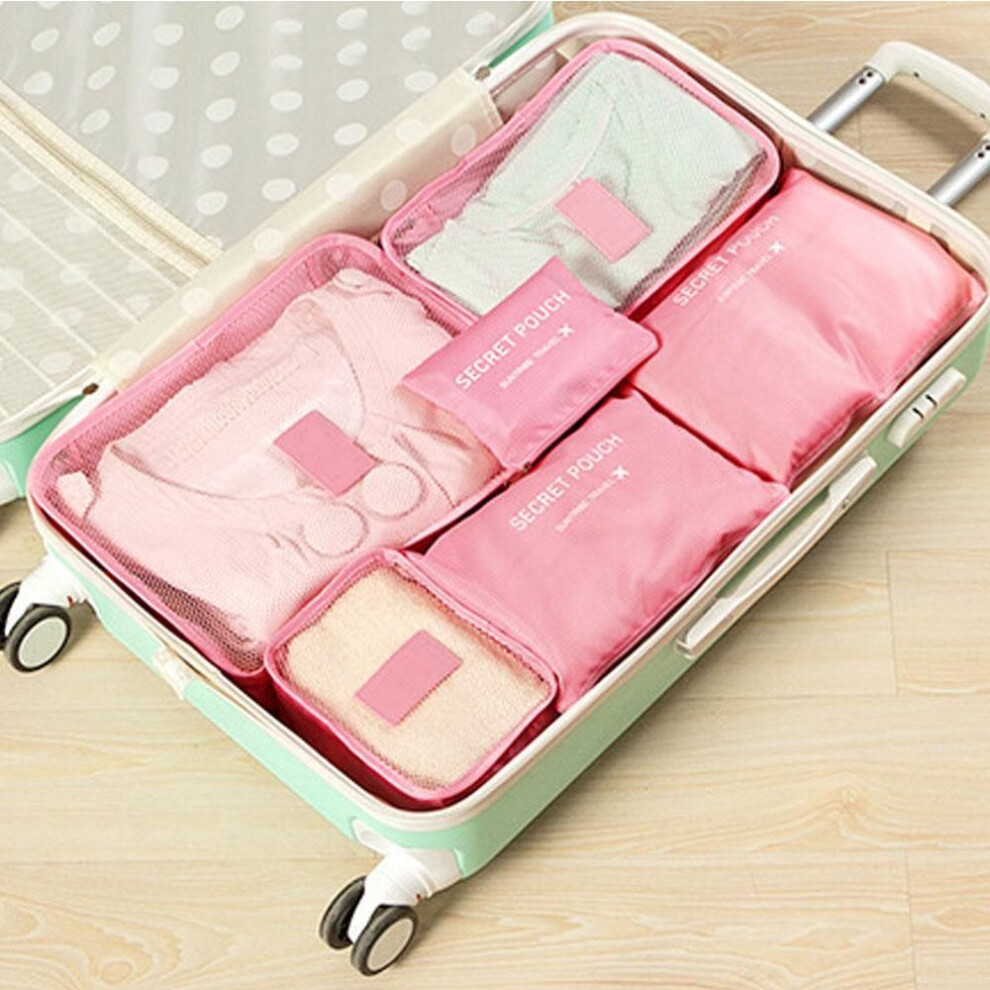(pink) Travel Waterproof Nylon Zipper Mesh Storage Bag Set For Clothes Pouch Luggage Organizer Container