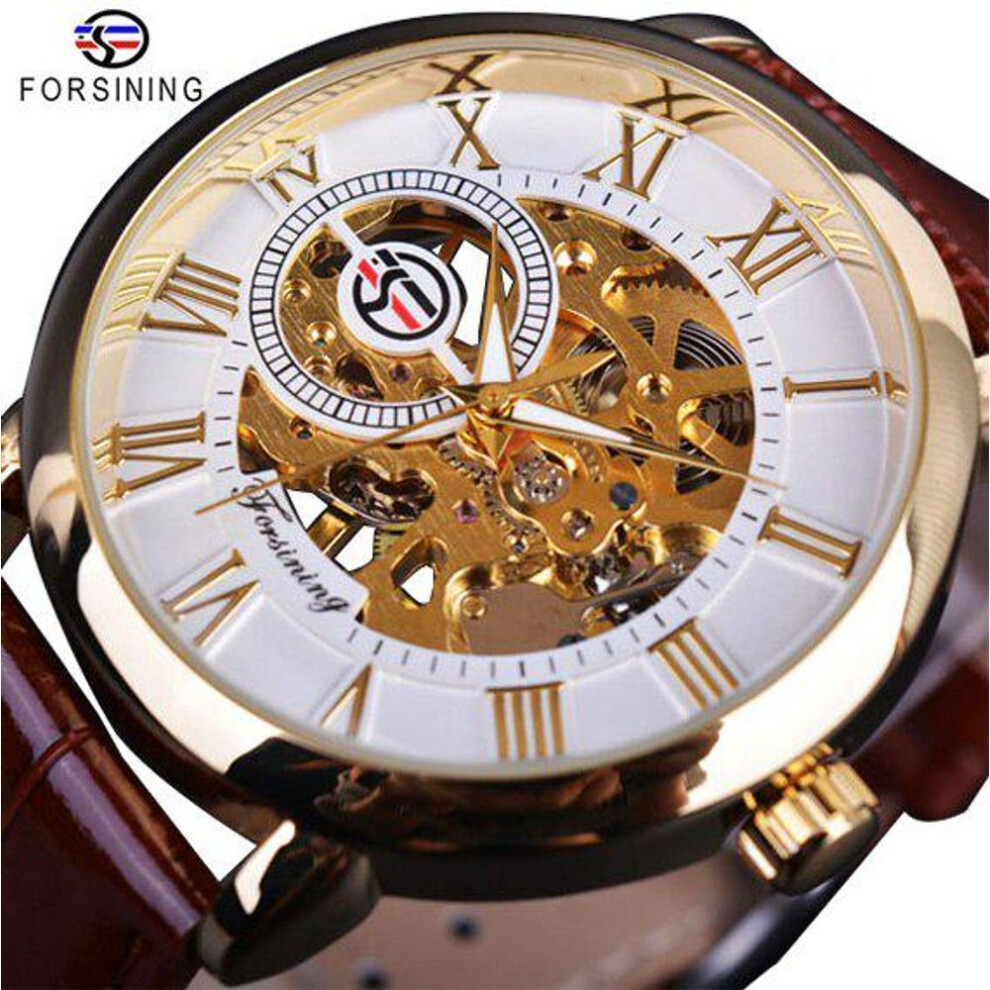 (brown) Forsining 3d Logo Design Hollow Engraving Black Gold Case Leather Skeleton Mechanical Watches Men Luxury Brand Heren Horloge