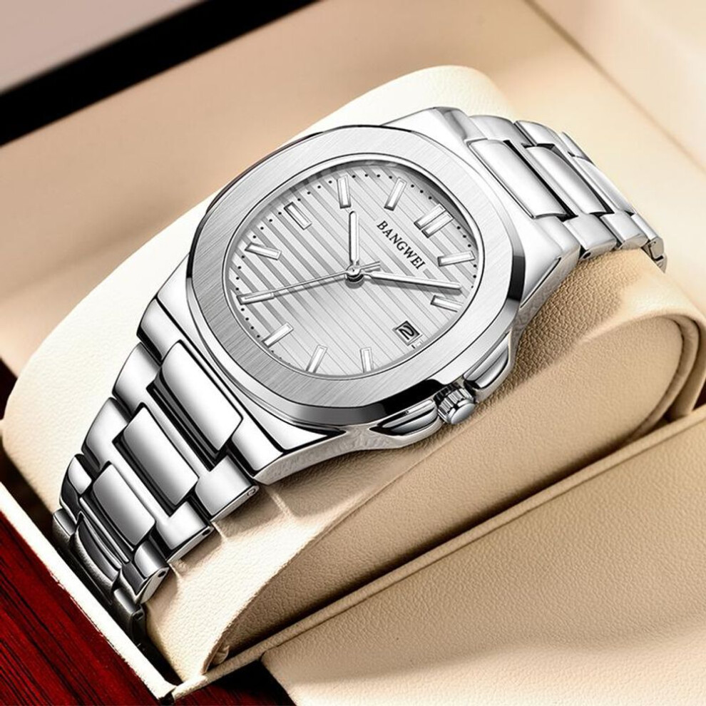 (silver,white) Lige New Men Watch Fashion Casual Square Stainless Steel Quartz Watch Sport Waterproof Watch Night Glow Automatic Date Watch Women Watch