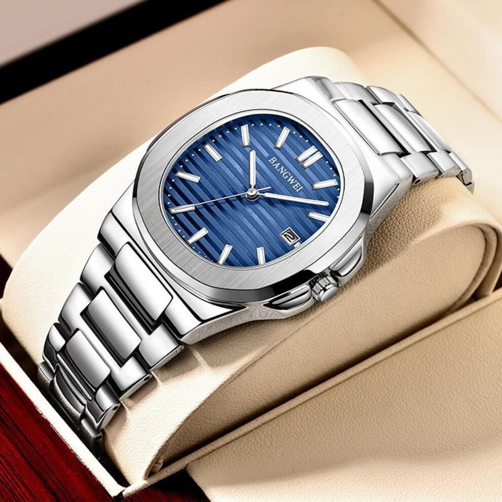(silver,blue) LIGE New Men Watch Fashion Casual Square Stainless Steel Quartz Watch Sport Waterproof Watch Night Glow Automatic Date Watch Women Watch