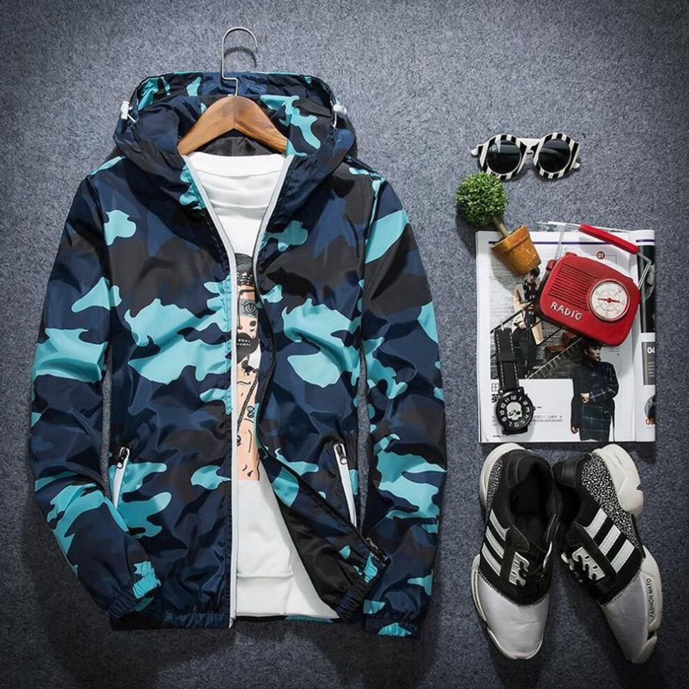 (blue, 2XL) Camo Jacket Men&apos;s Jacket Large Korean Trend Reflective Camouflage Trench Coat Men&apos;s Spring And Autumn Baseball