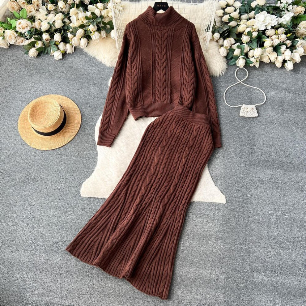 (brown, One Size) Winter New Turtle Neck Long-sleeved Twisted Sweater + High Waist Mermaid Knit Skirt Women Vintage 2pcs Suit