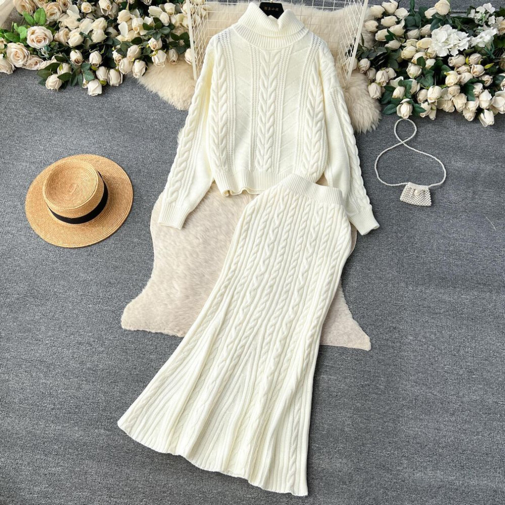(white, One Size) Winter New Turtle Neck Long-sleeved Twisted Sweater + High Waist Mermaid Knit Skirt Women Vintage 2pcs Suit