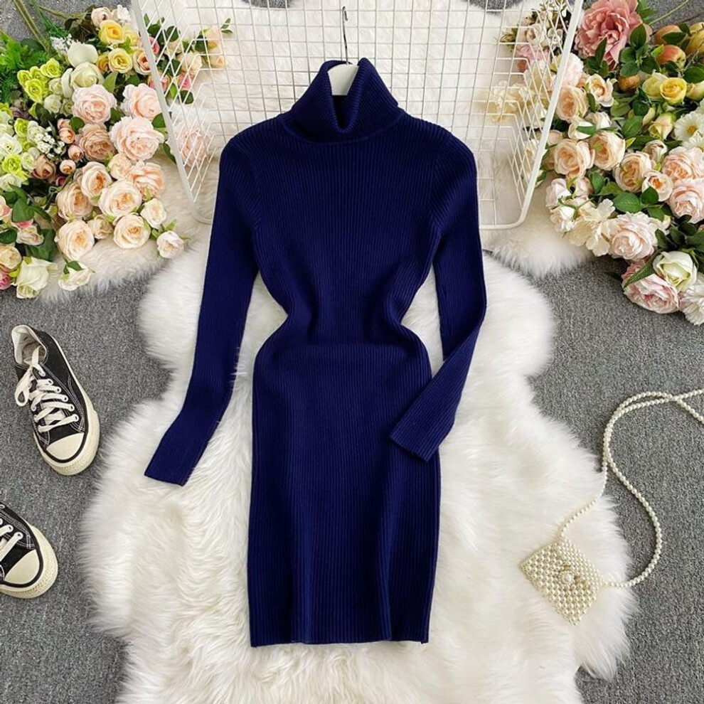 (blue, One Size) New Autumn Winter Women&apos;s Dress Temperament Solid Color Thicken Knit Dresses Female Slim Elastic Dresses Vestidos