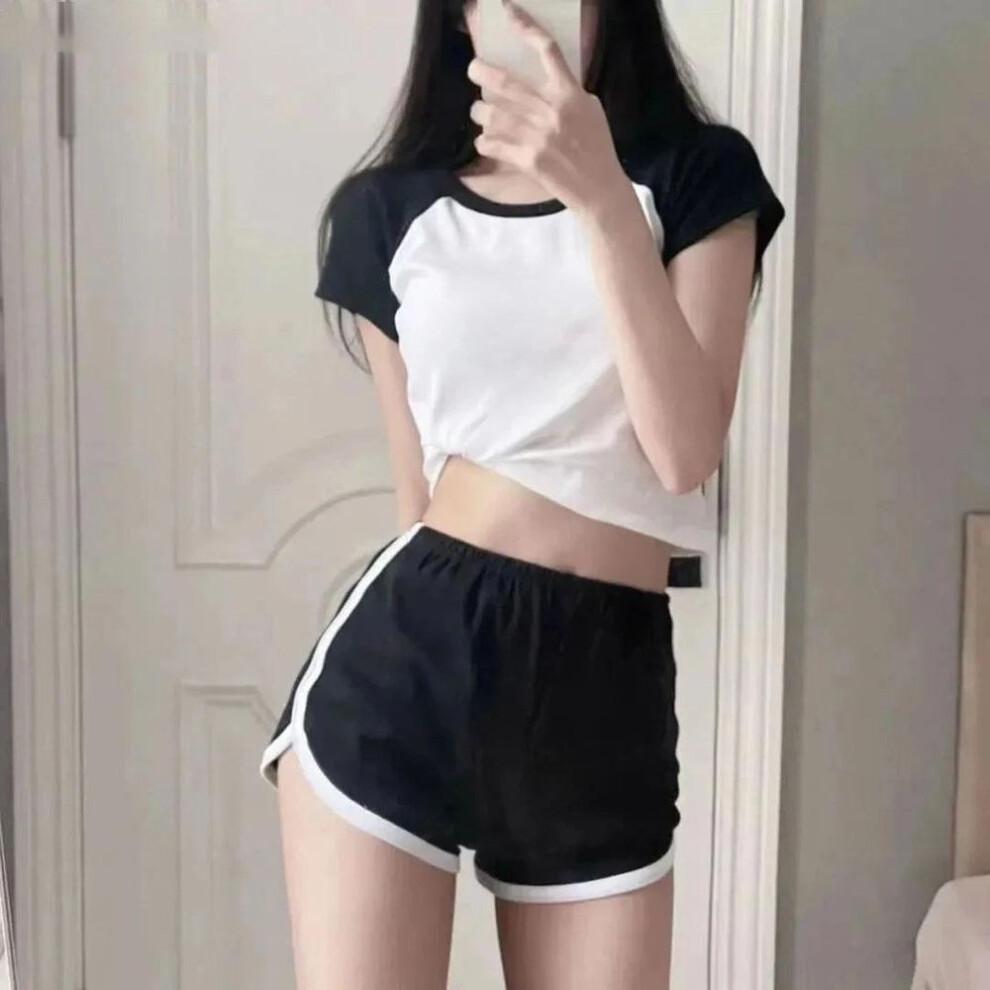 (black white, L) Fivefive Summer Ladies Suit Short Navel Top And Casual Shorts Two-piece Sets Y2k Fashion Striped Pullover T-shirt Young Sexy Slim Set