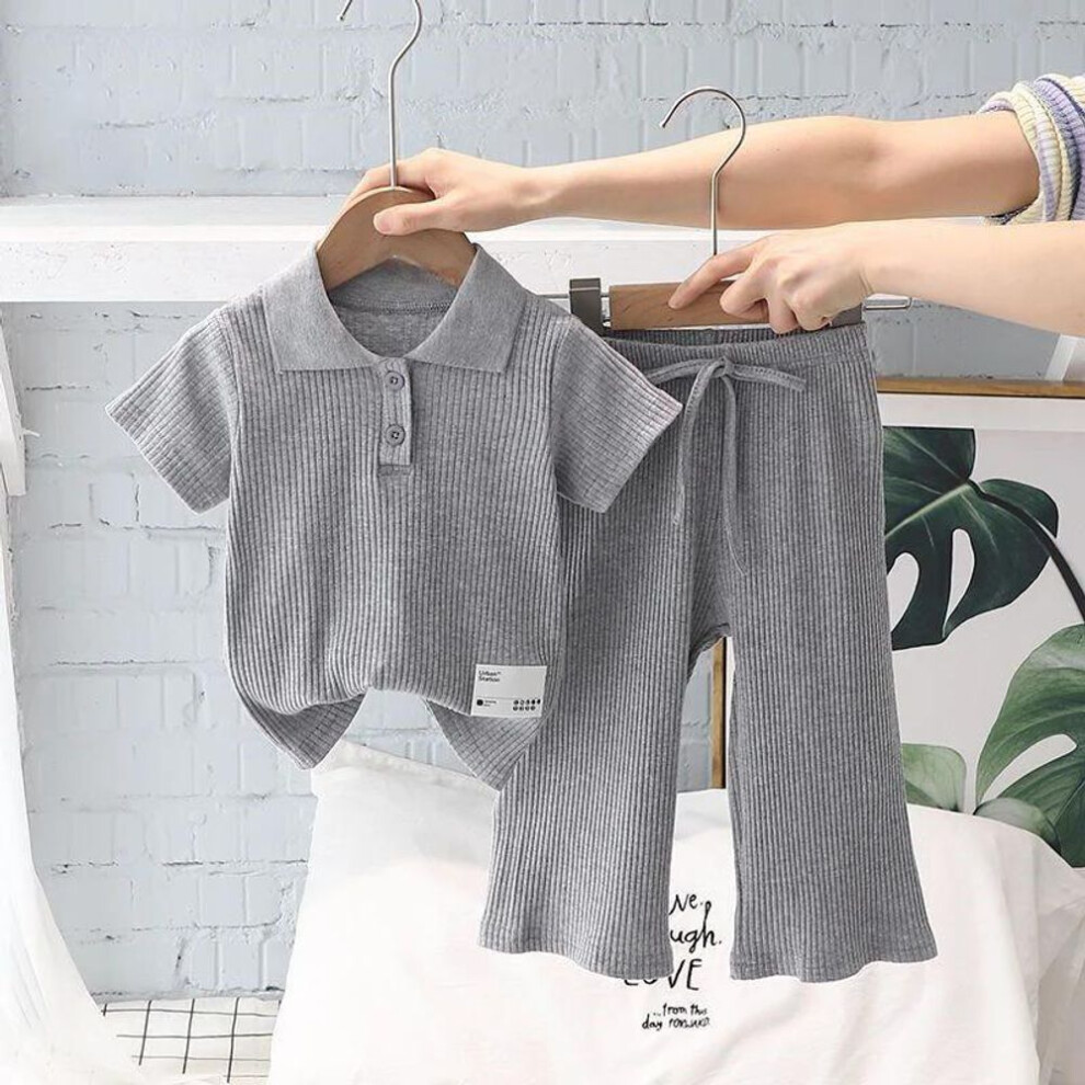 (gray, 140) Girls Summer Clothing Suit Children Short-sleeved Polo Shirt Wide Leg Pants 2pcs Sets Baby Loungewear Fashion  Stripe Outfits