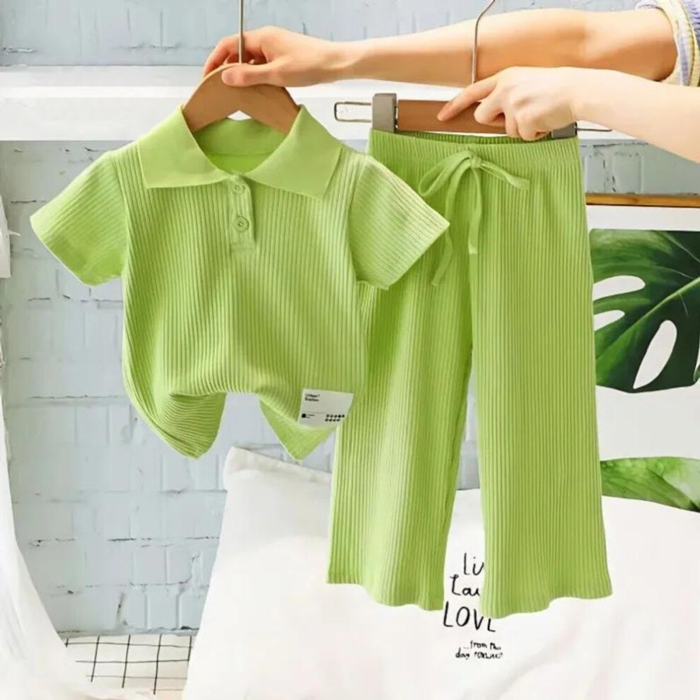 (green, 140) Girls Summer Clothing Suit Children Short-sleeved Polo Shirt Wide Leg Pants 2pcs Sets Baby Loungewear Fashion  Stripe Outfits
