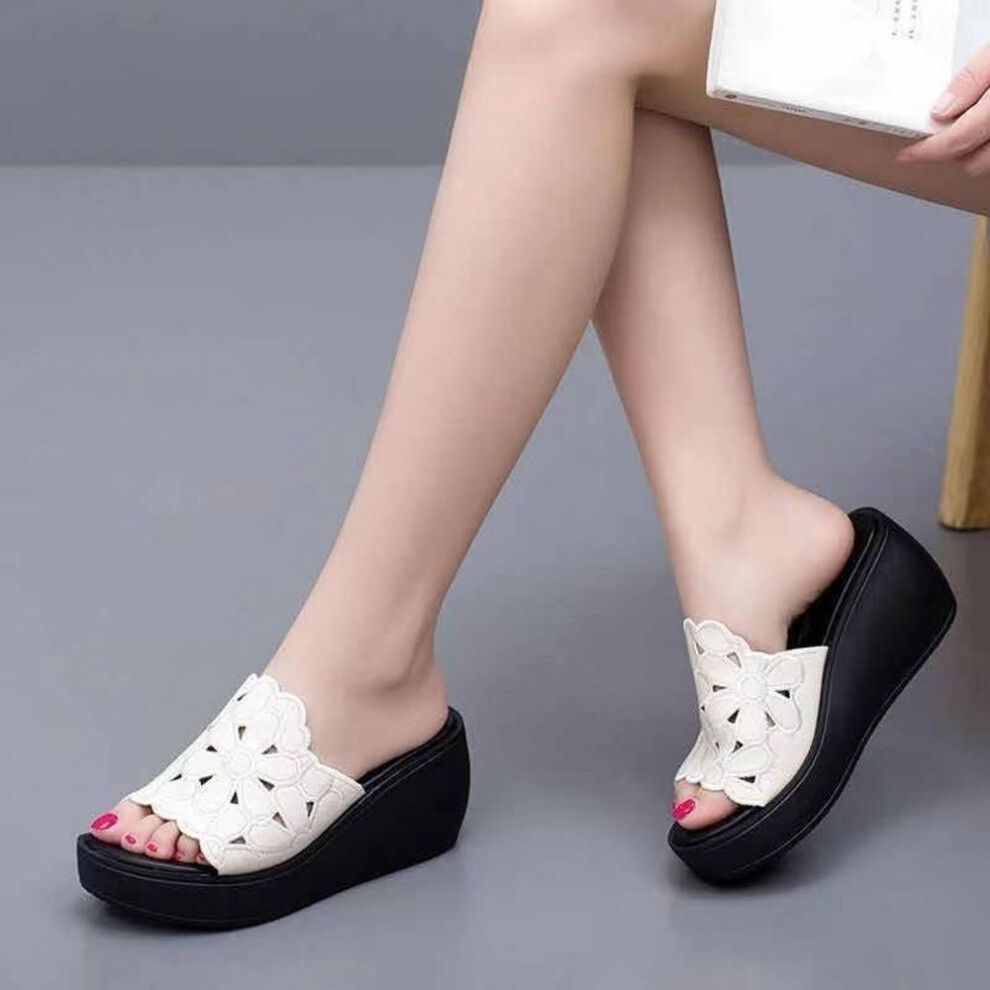 (white, 40) Summer Wedges Sandals Thick Bottom High Heel Waterproof Hollow Flowers Platform Slippers Fashion Women Shoes Heels Slippers