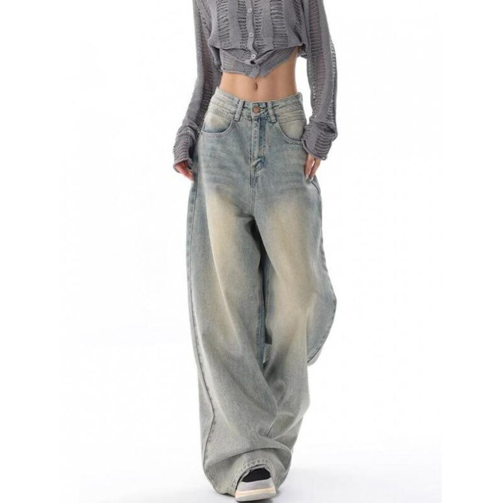 (as the picture, L) Vintage Women Wide Leg Jeans Harajuku Baggy Denim Trousers Oversized Grunge Streetwear Y2k Autumn Pants Korean Fashion