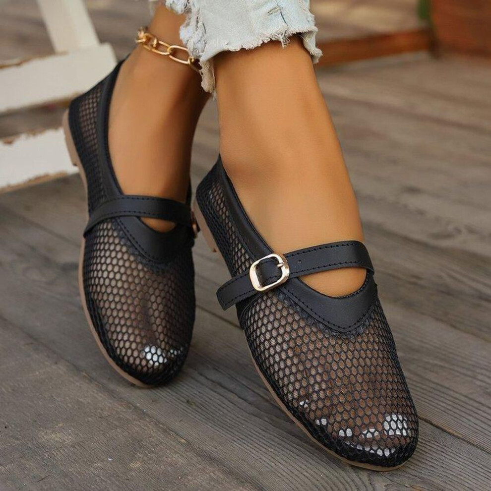 (black, 40) Summer Mesh Hollow Sandals Women Flats Shallow  Buckle Beach Shoes Comfort Retro Female Flat Shoes