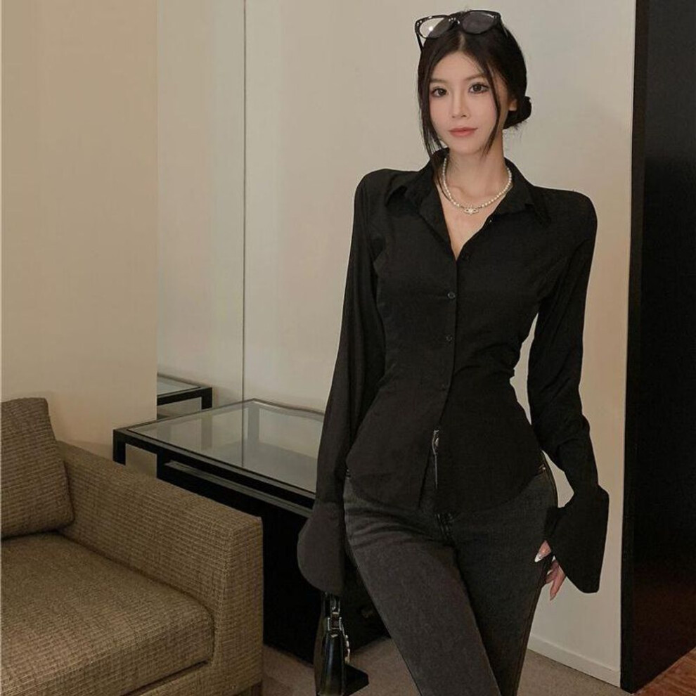 (black, XXXL) Long Sleeved Women&apos;s Solid Shirt Korean Sexy Slim Fit Waist Hugging Short Shirt Blouse Women Elegant Office Work Clothes