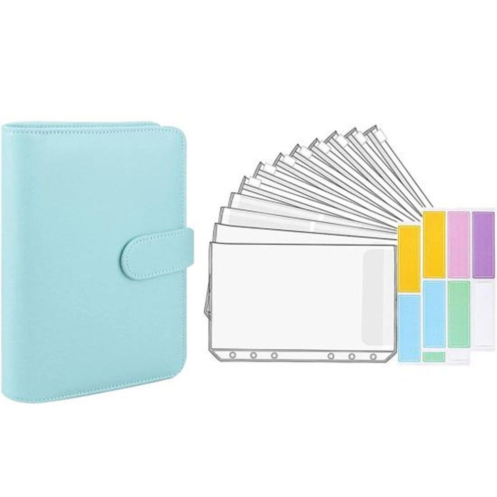 (blue) 1 Set Budgets Planner Handbook Transparent Pockets Waterproof Faux Leather Receipt Coupon Cash Envelope Binder Office Supplies