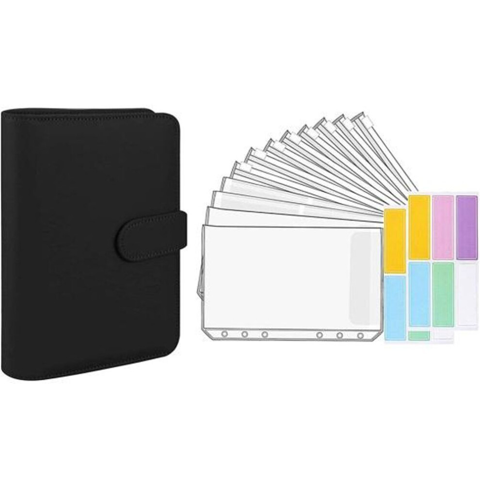 (black) 1 Set Budgets Planner Handbook Transparent Pockets Waterproof Faux Leather Receipt Coupon Cash Envelope Binder Office Supplies