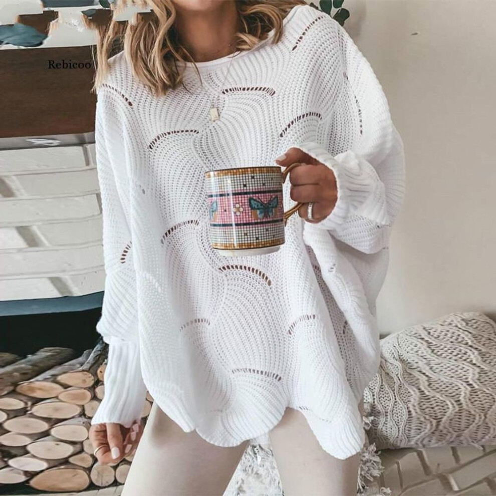 (white, M) Women Hollow Out Sweater Elegant Loose S Knitted Pullovers Female Casual O Neck Solid Color Sweaters