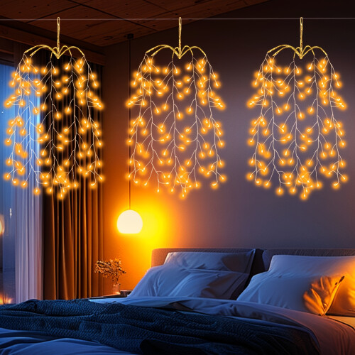 (Warm White) 3-Pack LED Starburst Fairy Lights, USB Powered Hanging Ceiling Decorations