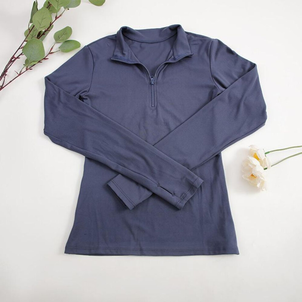 (gray-blue, S) Long Sleeve Yoga Shirts Half-zip Sports Top With Thumbholes Elastic Breathable Fitness Blouse For Women Activewear