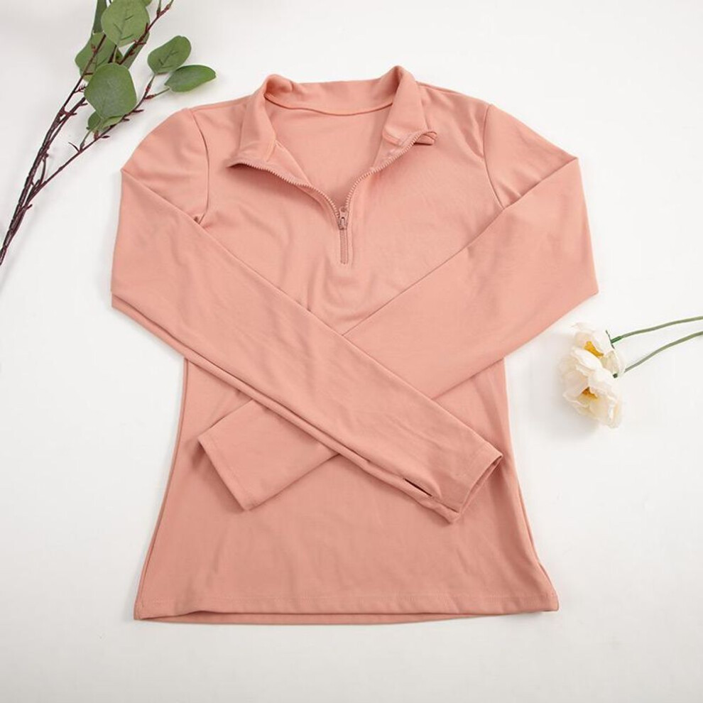 (pink, M) Long Sleeve Yoga Shirts Half-zip Sports Top with Thumbholes Elastic Breathable Fitness Blouse for Women Activewear