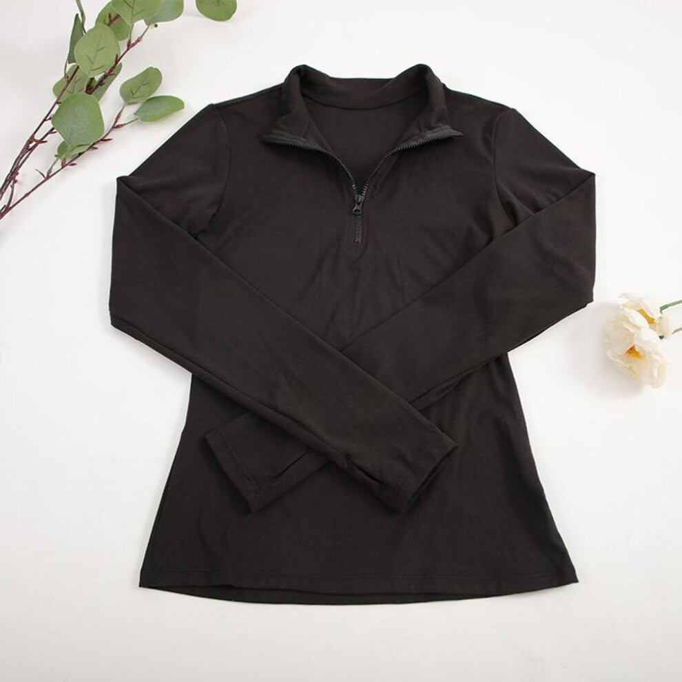 (black, XL) Long Sleeve Yoga Shirts Half-zip Sports Top With Thumbholes Elastic Breathable Fitness Blouse For Women Activewear