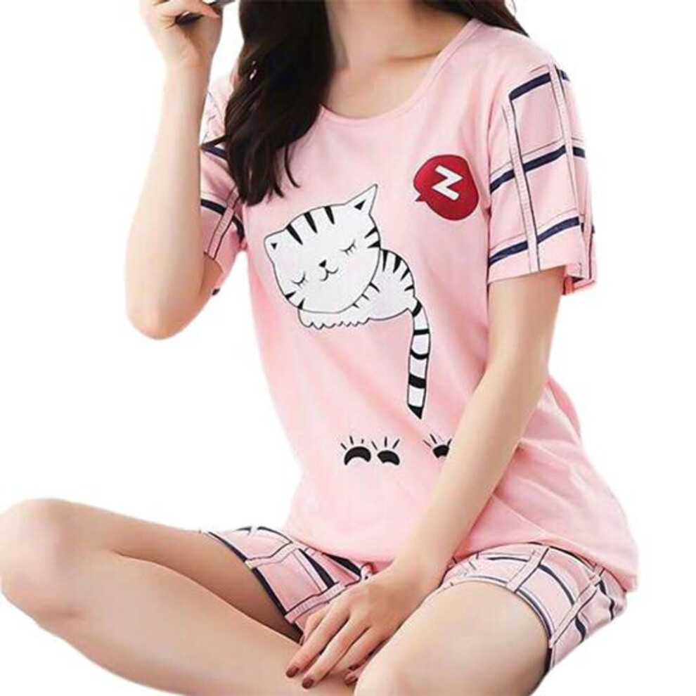 (pink, M) Pajamas Set Short Sleeve Loose Top Women Cats Print T-shirt Shorts Sleepwear For Summer