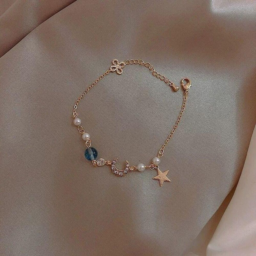 (blue) Beaded Bracelet Gold Color Chain Elegant Women Trendy Moon Star Romantic Bracelet Female Birthday Jewelry Gift