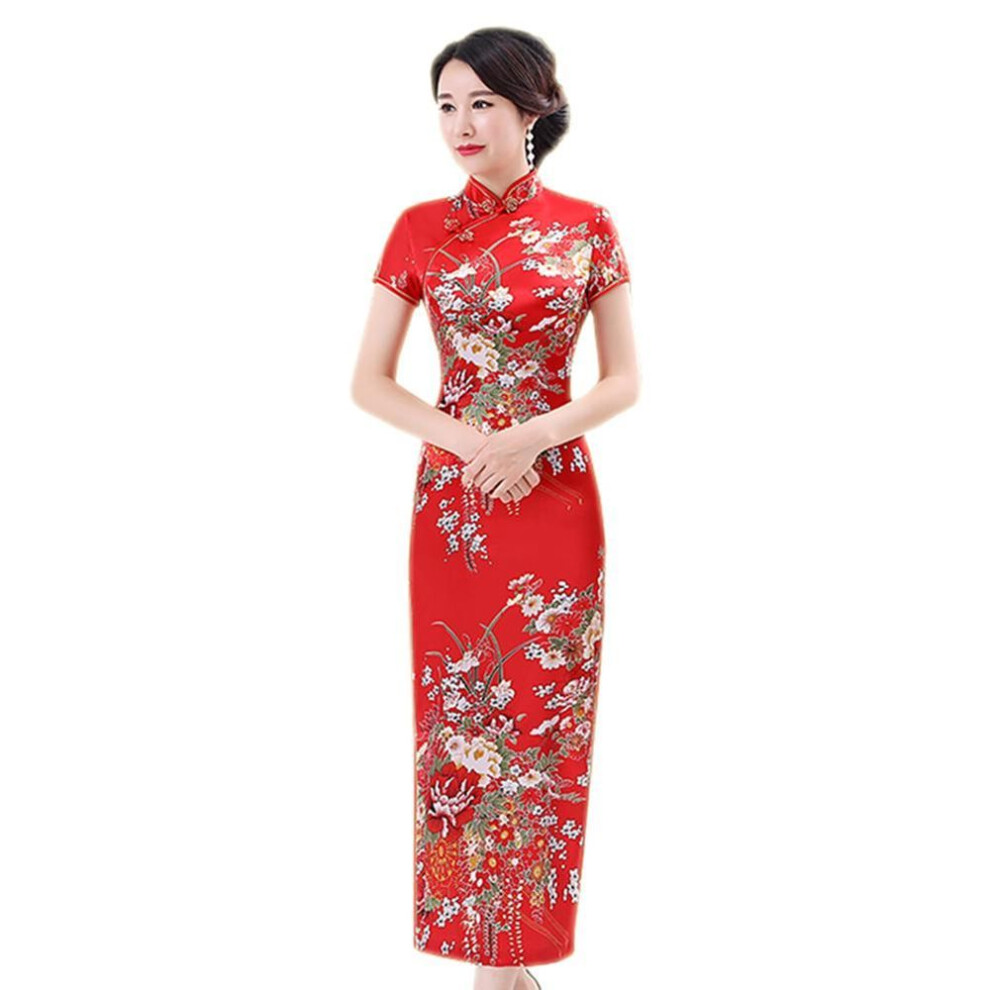 (red, XXXXXXL) Chinese Style Flower Print Stand Collar Short Sleeve Slit Cheongsam Dress