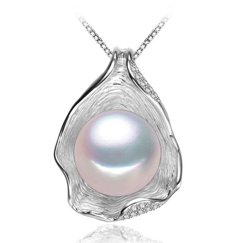 (white) Lsooyh Shell Design 10-11mm Big Natural Freshwater Pearl Jewelry Necklace Cubic Zirconia Cz Necklace