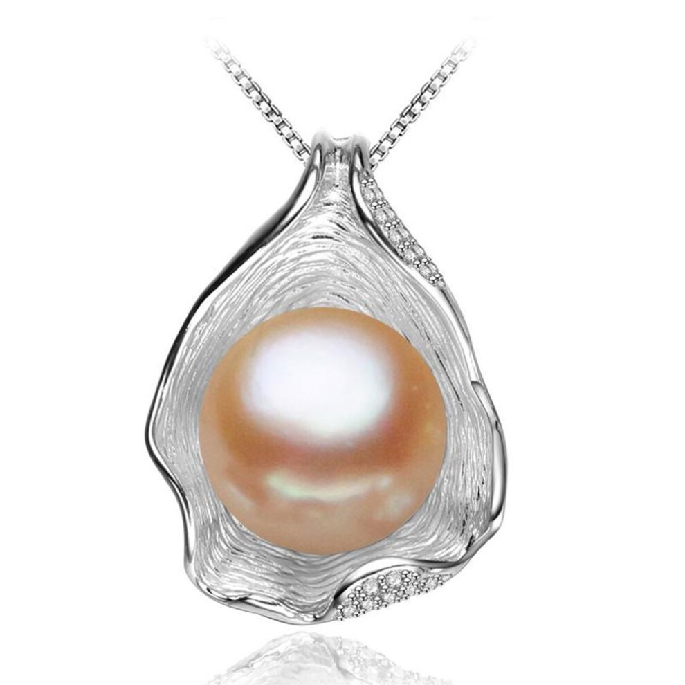 (pink) Lsooyh Shell Design 10-11mm Big Natural Freshwater Pearl Jewelry Necklace Cubic Zirconia Cz Necklace