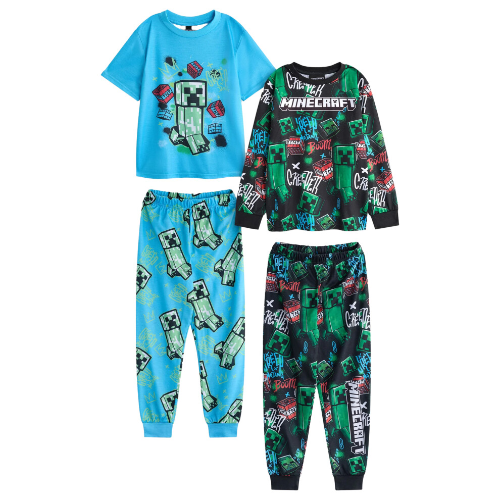 (9-10 Years, Blue/Black/Green) Minecraft Boys Creeper Long Pyjama Set (Pack Of 2)