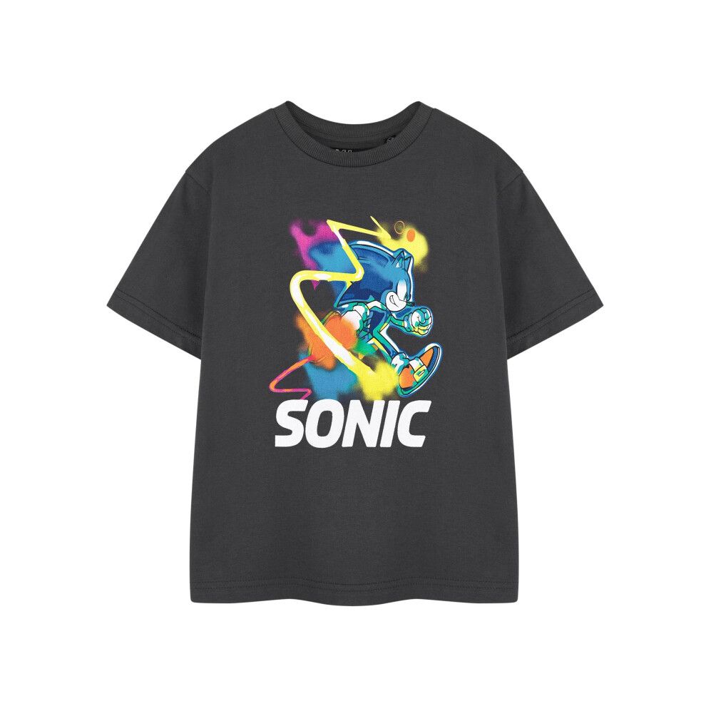 (9-10 Years, Charcoal) Sonic The Hedgehog Boys Watercolour Short-Sleeved T-Shirt