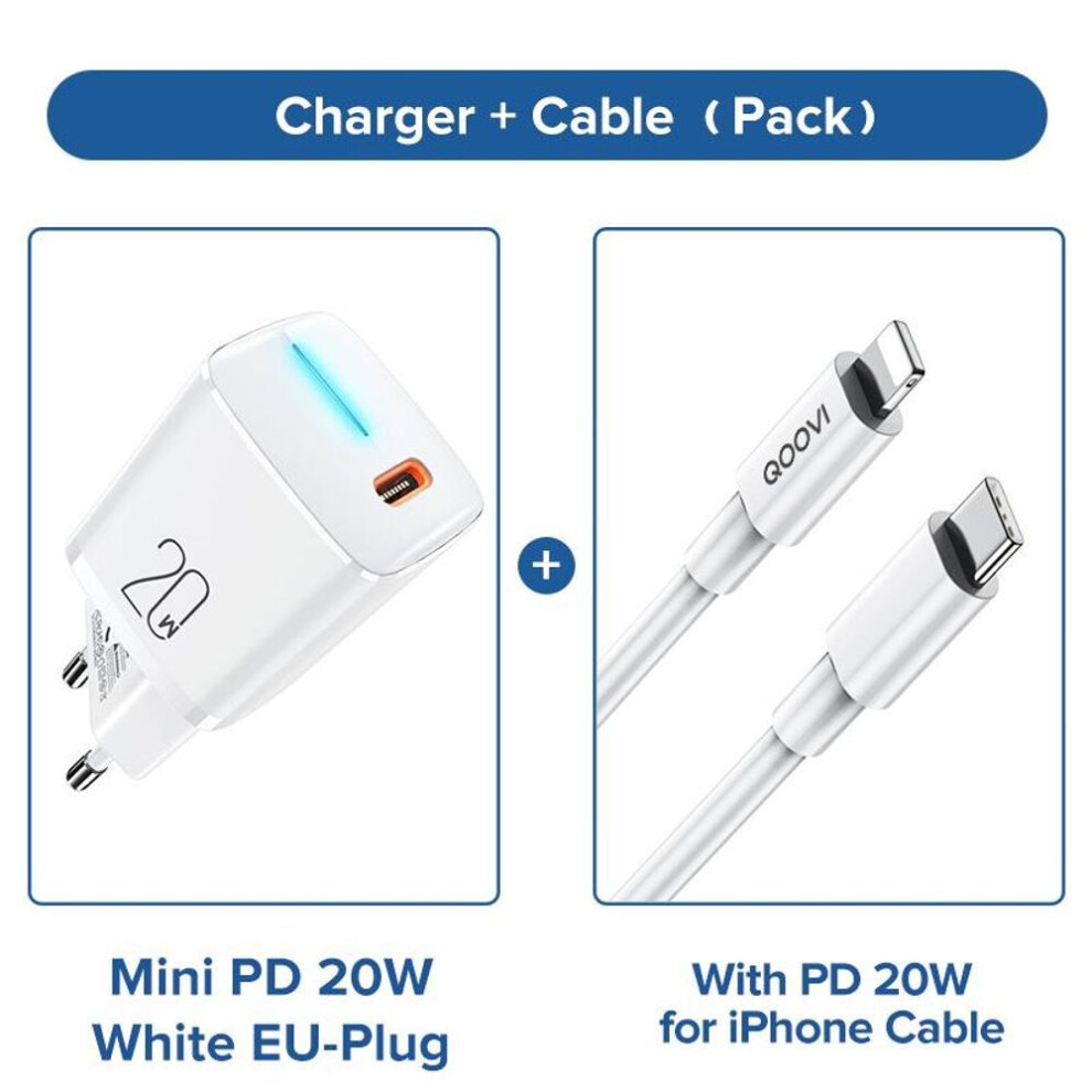 (white, EU plug + 1M C-L) QOOVI PD 20W Mini USB Type C Charger Fast Charging Wall Adapter Quick Charge 4.0 QC For iPhone 14 13 Pro Max 12 11 Xs X iPad Xiaomi Huawei Samsung