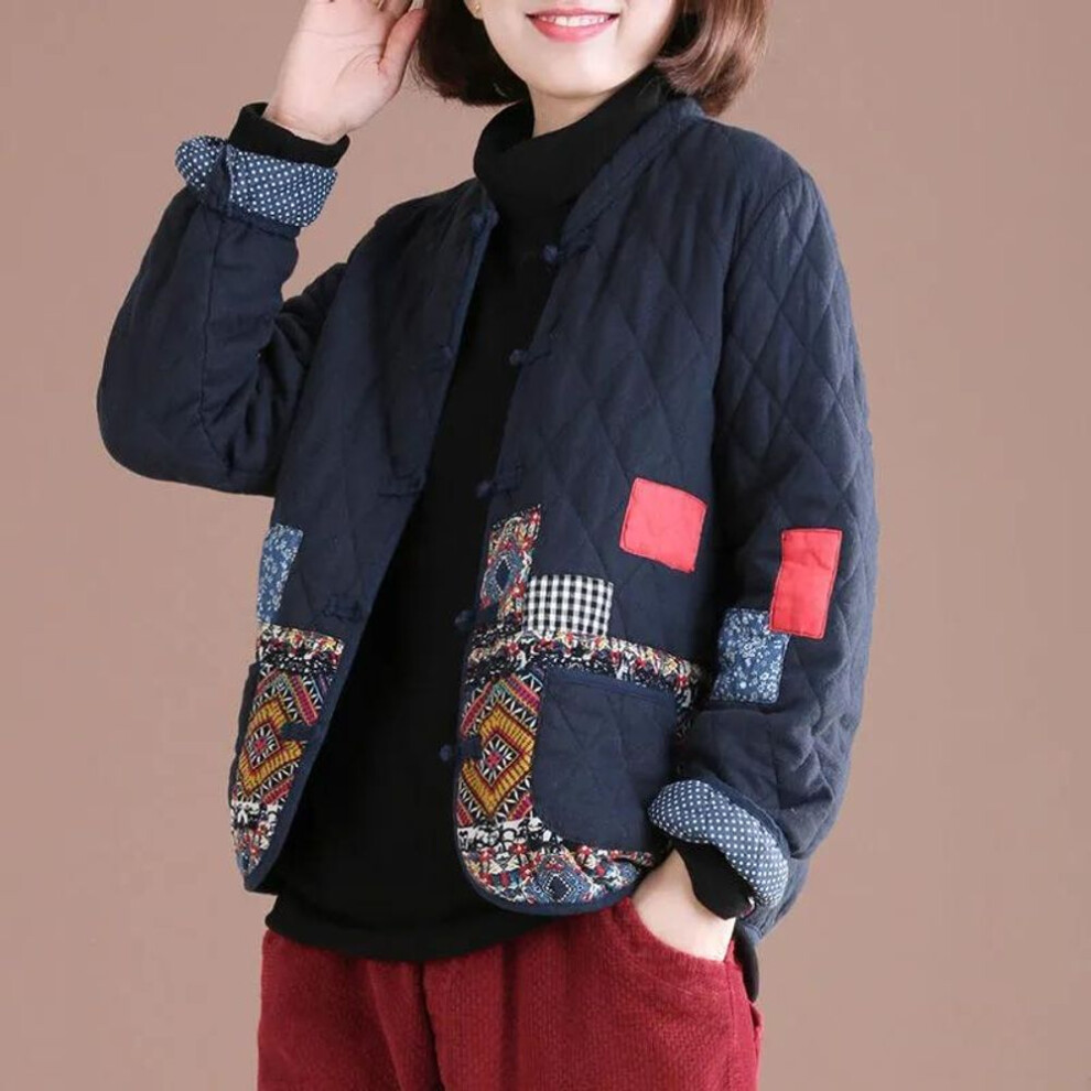 (yellow, S) Women Casual Quilted Jackets Arrival Autumn Winter Vintage Style O-neck Print Loose Female Thick Outerwear Coats Plus Size