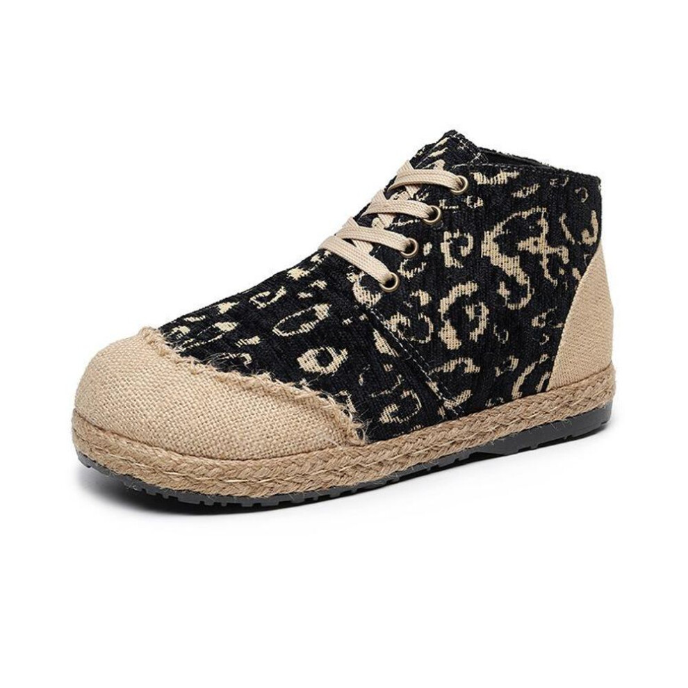 (black, 40) Johnature Ethnic Style Cotton Linen Shoes Round Toe Women&apos;s Casual Flat Cloth Shoes Retro Short Boots