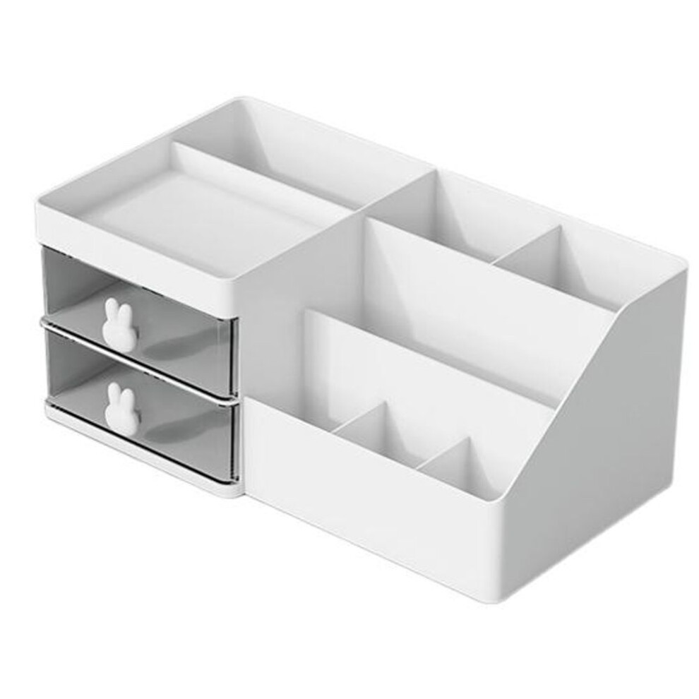 (white) Desk Makeup Organizer With Drawer Multi Compartments Pen Pencil Card Storage Holder Cosmetic Stationery Storage Box Office Supplies