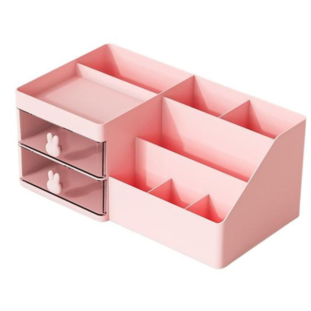 (pink) Desk Makeup Organizer With Drawer Multi Compartments Pen Pencil Card Storage Holder Cosmetic Stationery Storage Box Office Supplies