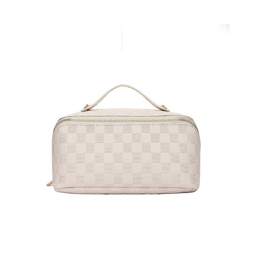 (As show, One size) Large Capacity Travel Cosmetic Bag Plaid Cosmetic Bag Tote Storage Bag (Whi LXG