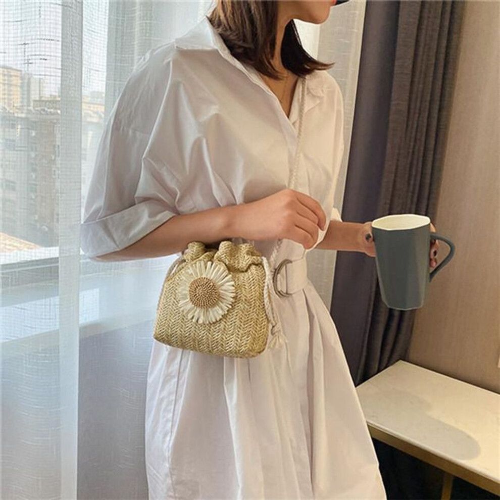 (khaki) Women Weave Straw Beach Bags Sunflower Drawstring Woven Bucket Cross Body Shoulder Bag